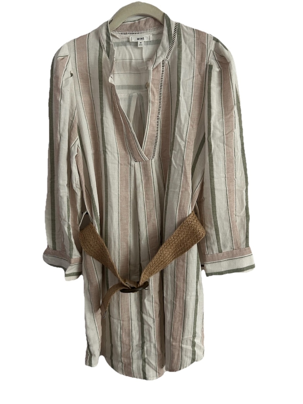 New MINE Striped Split V-Neck Tunic Dress Woven Belt Women’s Medium